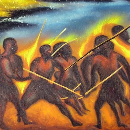 floodplain, Arnhem Land, storm, fantasy, Yolngu ancestral warriors fighting with sticks, fire

Oil Painting, 3D