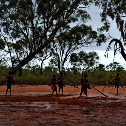 floodplain, Arnhem Land, storm, fantasy, Yolngu ancestral warriors fighting with sticks, fire

, Trippy