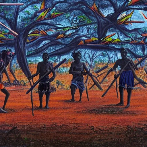 floodplain, Arnhem Land, storm, fantasy, Yolngu ancestral warriors fighting with sticks, fire

, Trippy, 3D