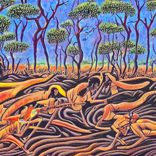 floodplain, Arnhem Land, storm, fantasy, Yolngu ancestral warriors fighting with sticks, fire

, Trippy, 3D