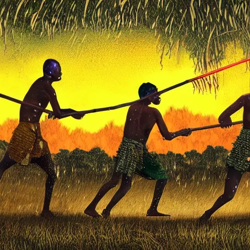 floodplain, Arnhem Land, storm, fantasy, Yolngu ancestral warriors fighting with sticks, fire, dusk

, Trippy, 3D