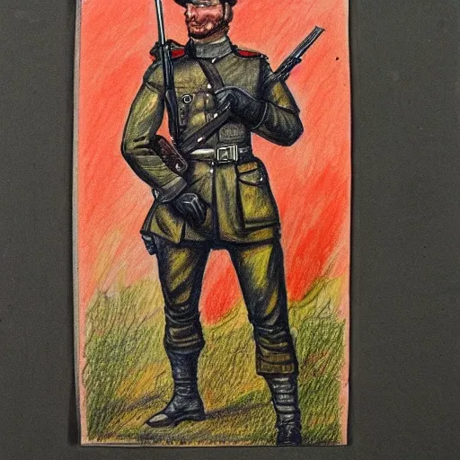 Upper half body of a British infantry soldier drawing, 2nd world war aiming to the left with rifle in the face and the butt in the shoulder, with helmet, nicolas eskubi style, coloured, water color,