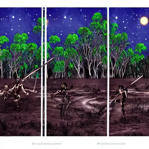 floodplain, Arnhem Land, storm, fantasy, Yolngu ancestral warriors fighting with sticks, fire, moonlight

, Trippy, 3D