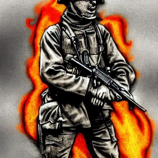 British infantry soldier drawing, menacing, fiery, epic, 2nd world war , nicolas eskubi style, coloured, movement, Water Color, , dreamy, Cartoon