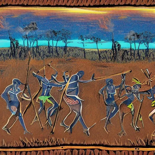 floodplain, Arnhem Land, storm, fantasy, Yolngu ancestral warriors fighting with sticks, fire, moonlight

, Trippy, 3D