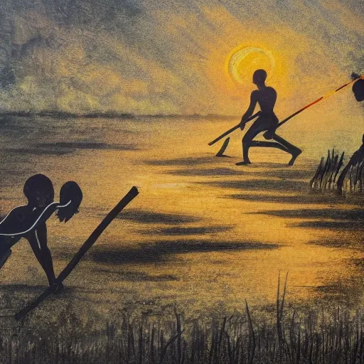 floodplain, Arnhem Land, storm, fantasy, Yolngu ancestral warriors fighting with sticks, fire, moonlight

, Trippy, 3D