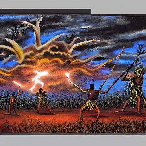 floodplain, Arnhem Land, storm, fantasy, Yolngu ancestral warriors fighting with sticks, fire, moonlight

, Trippy, 3D