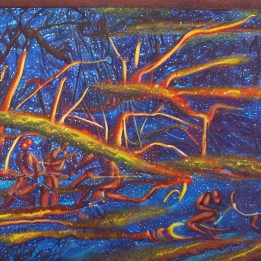 floodplain, Arnhem Land, storm, fantasy, Yolngu ancestral warriors fighting with sticks, fire, moonlight

, Trippy, 3D