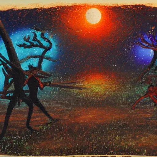 floodplain, Arnhem Land, storm, fantasy, Yolngu ancestral warriors fighting with sticks, fire, moonlight

, Trippy, 3D