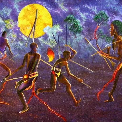 floodplain, Arnhem Land, storm, fantasy, Yolngu ancestral warriors fighting with sticks, fire, moonlight

, Trippy, 3D