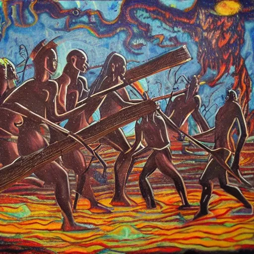 floodplain, Arnhem Land, storm, fantasy, Yolngu ancestral warriors fighting with sticks, fire, moonlight

, Trippy, 3D