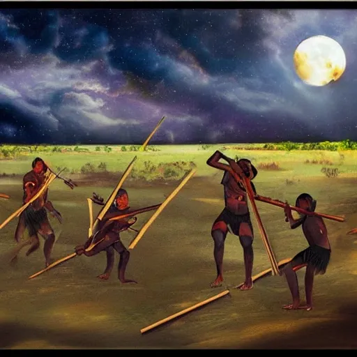 floodplain, Arnhem Land, storm, fantasy, Yolngu ancestral warriors fighting with sticks, fire, moonlight

, Trippy, 3D