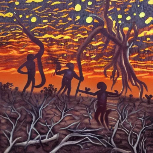 floodplain, Arnhem Land, storm, fantasy, Yolngu ancestral warriors fighting with sticks, fire, moonlight

, Trippy, 3D