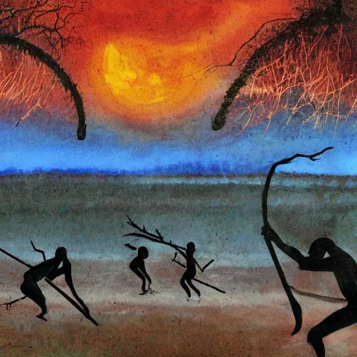 floodplain, Arnhem Land, storm, fantasy, Yolngu ancestral warriors fighting with sticks, fire, moonlight

, Trippy, 3D