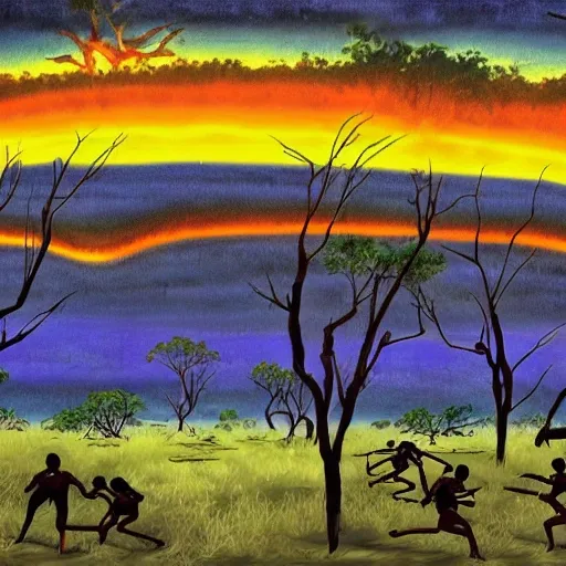 floodplain, Arnhem Land, storm, fantasy, Yolngu ancestral warriors fighting with sticks, fire, moonlight

, Trippy, 3D