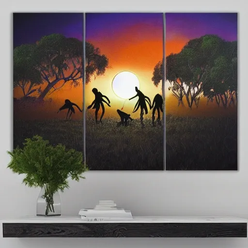 floodplain, Arnhem Land, storm, fantasy, Yolngu ancestral warriors fighting with sticks, fire, moonlight

, Trippy, 3D