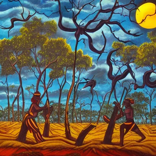 floodplain, Arnhem Land, storm, fantasy, Yolngu ancestral warriors fighting with sticks, fire, moonlight

, Trippy, 3D