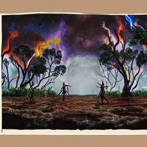 floodplain, Arnhem Land, storm, fantasy, Yolngu ancestral warriors fighting with sticks, fire, moonlight

, Trippy, 3D