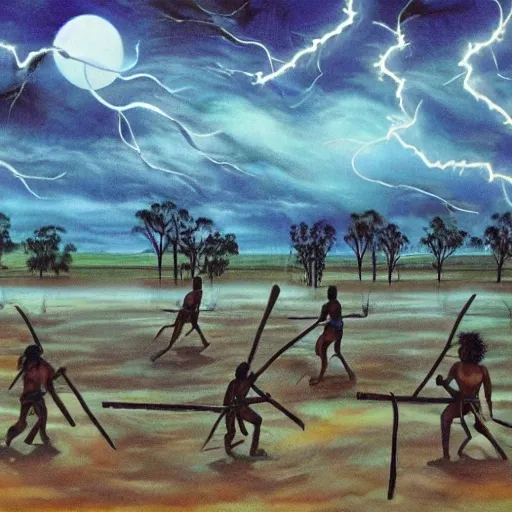 floodplain, Arnhem Land, storm, fantasy, Yolngu ancestral warriors fighting with sticks, fire, moonlight

, Trippy, 3D