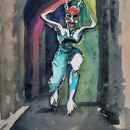 Alien woman dancing in the streets of Paris, Water Color