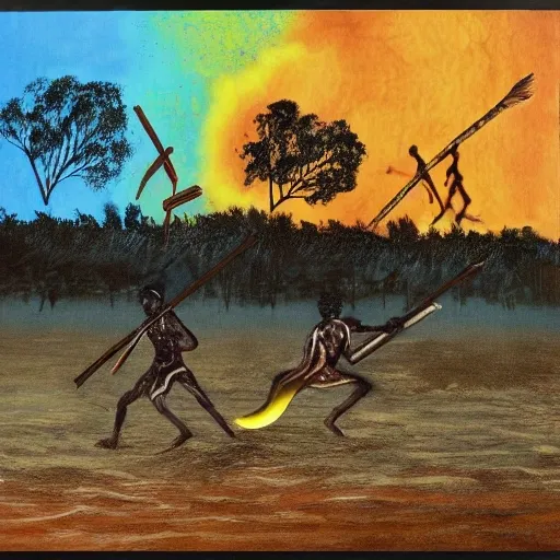 floodplain, Arnhem Land, storm, fantasy, Yolngu ancestral warriors fighting with sticks, fire, moonlight

, Trippy, 3D