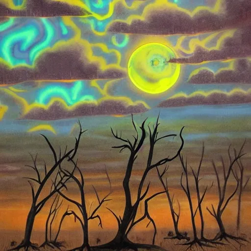 floodplain, Arnhem Land, storm, fantasy, Yolngu ancestral warriors fighting with sticks, fire, moonlight

, Trippy, 3D