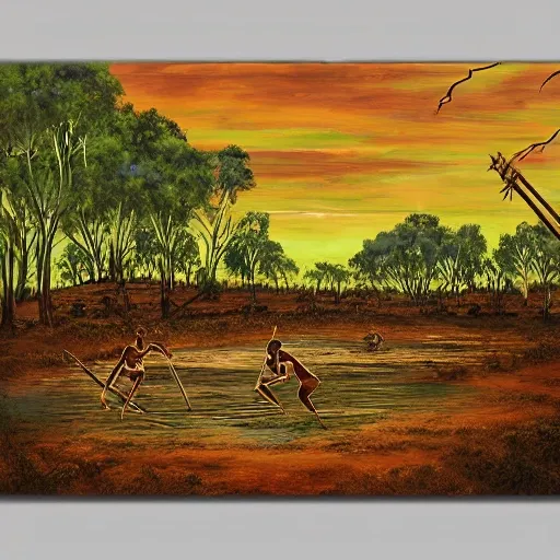 floodplain, Arnhem Land, storm, fantasy, Yolngu ancestral warriors fighting with sticks, fire, moonlight

, Trippy, 3D