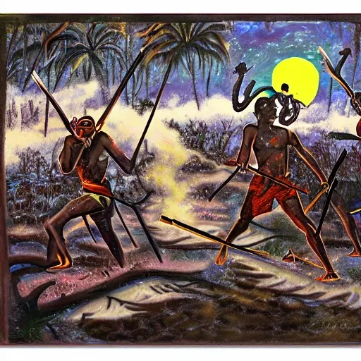 floodplain, Arnhem Land, storm, fantasy, Yolngu ancestral warriors fighting with sticks, fire, moonlight

, Trippy, 3D