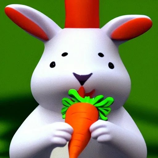 A little white rabbit holds a carrot as a shield, 3D, Cartoon