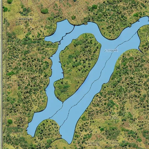 Generate military style map for an 9 km square area, like a paper map, containing:
a city 
2 major rivers, with 2 bridges crossing  them
2 minor rivers, with bridges
a main road network, crossing the bridges
a mino track network
a hill (with 50 meters level curves) 112 meter high
some forest areas

Brown paper background, schematic
