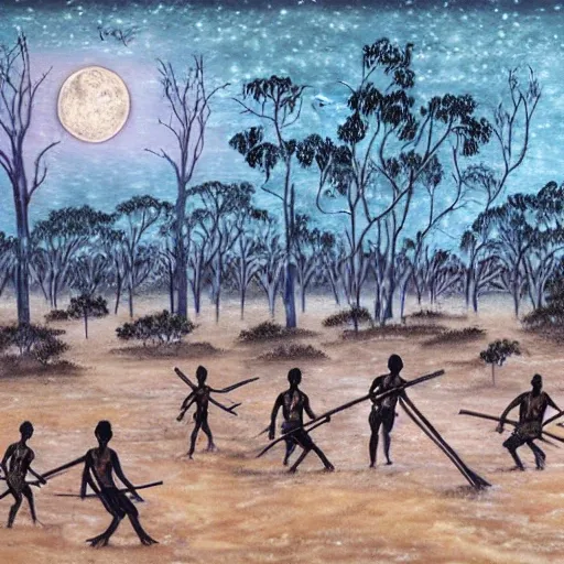 floodplain, Arnhem Land, storm, fantasy, Yolngu ancestral warriors fighting with sticks, fire, moonlight

, Trippy, 3D