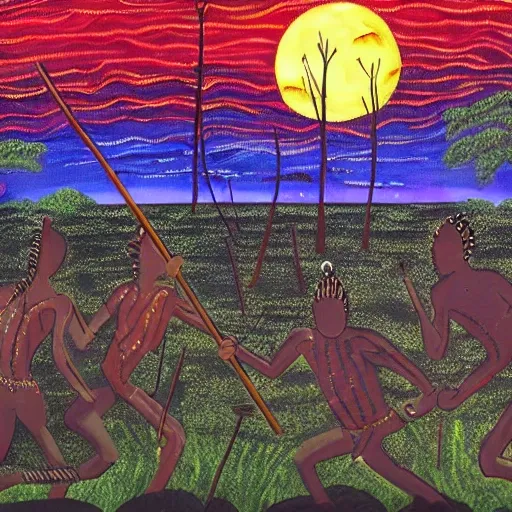 floodplain, Arnhem Land, storm, fantasy, Yolngu ancestral warriors fighting with sticks, fire, moonlight

, Trippy, 3D