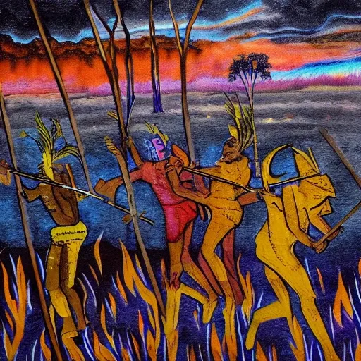 floodplain, Arnhem Land, storm, fantasy, Yolngu ancestral warriors fighting with sticks, fire, moonlight

, Trippy, 3D