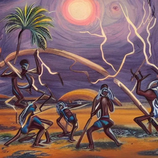 floodplain, Arnhem Land, storm, fantasy, Yolngu ancestral warriors fighting with sticks, fire, moonlight

, Trippy, 3D