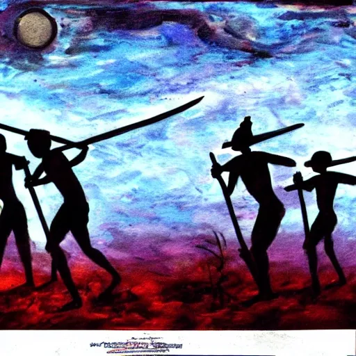 floodplain, Arnhem Land, storm, fantasy, Yolngu ancestral warriors fighting with sticks, fire, moonlight

, Trippy, 3D