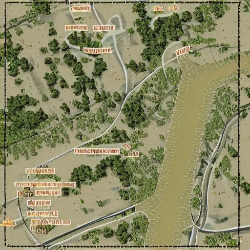 Generate military style map for an 9 km square area, like a paper map, containing:
a city 
1 river, with 1 bridge crossing it
a main road network, crossing the bridges
a mino track network
a hill (with 50 meters level curves) 112 meter high
some forest areas

Brown paper background, schematic, road map style
