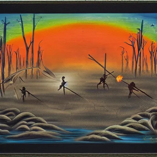 floodplain, Arnhem Land, storm, fantasy, Yolngu ancestral warriors fighting with sticks, fire, moonlight

, Trippy, 3D