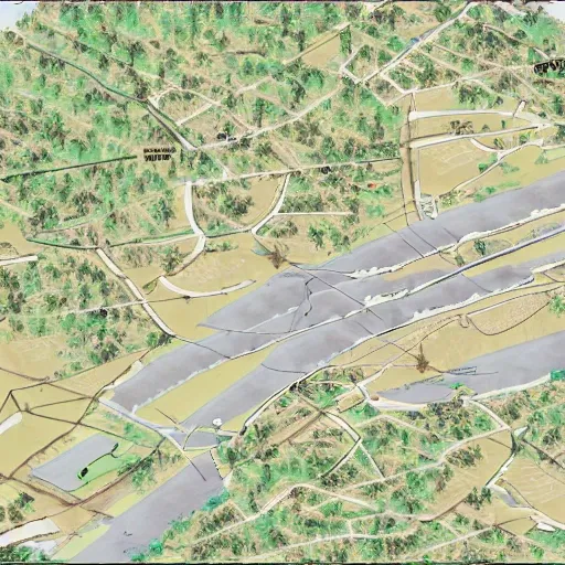 Generate military style map for an 9 km square area, like a paper map, containing:
a city 
1 river, with 1 bridge crossing it
a main road network, crossing the bridges
a mino track network
a hill (with 50 meters level curves) 112 meter high
some forest areas

Brown paper background, schematic, road map style
, Pencil Sketch