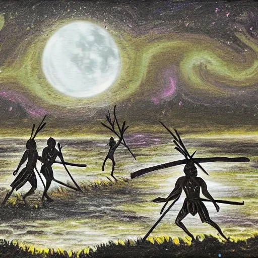 floodplain, Arnhem Land, storm, fantasy, Yolngu ancestral warriors fighting with sticks, fire, moonlight

, Trippy, 3D