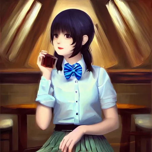 
1 girl,cute, solo,beautiful detailed sky,detailed cafe,night,sitting,dating,(nose blush),(smile:1.1),(closed mouth)
medium breasts,beautiful detailed eyes,(collared shirt:1.1), bowtie,pleated skirt,(short hair:1.2),floating hair, Oil Painting