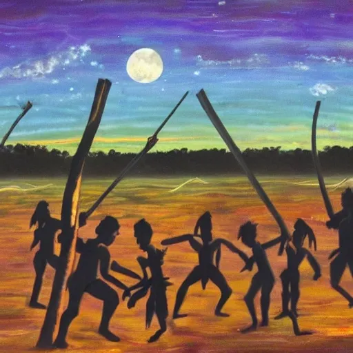 floodplain, Arnhem Land, storm, fantasy, Yolngu ancestral warriors fighting with sticks, fire, moonlight

, Trippy, 3D