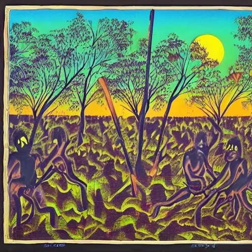 floodplain, Arnhem Land, storm, fantasy, Yolngu ancestral warriors fighting with sticks, fire, moonlight

, Trippy, 3D