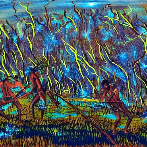 floodplain, Arnhem Land, storm, fantasy, Yolngu ancestral warriors fighting with sticks, fire, moonlight

, Trippy, 3D