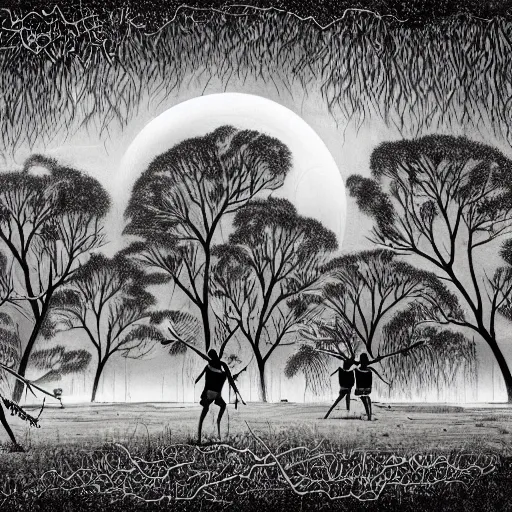 floodplain, Arnhem Land, storm, fantasy, Yolngu ancestral warriors fighting with sticks, fire, moonlight

, Trippy, 3D