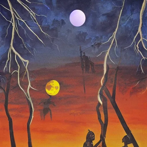 floodplain, Arnhem Land, storm, fantasy, Yolngu ancestral warriors fighting with sticks, fire, moonlight

, Trippy, 3D