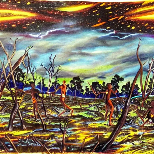 floodplain, Arnhem Land, storm, fantasy, Yolngu ancestral warriors fighting with sticks, fire, moonlight

, Trippy, 3D