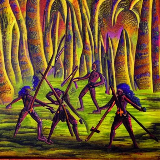 floodplain, Arnhem Land, storm, fantasy, Yolngu ancestral warriors fighting with sticks, fire, moonlight

, Trippy, 3D