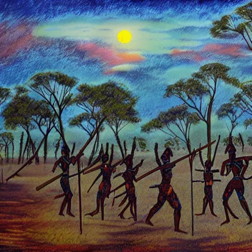 floodplain, Arnhem Land, storm, fantasy, Yolngu ancestral warriors fighting with sticks, fire, moonlight

, Trippy, 3D