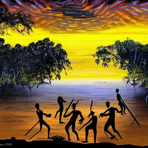 floodplain, Arnhem Land, storm, fantasy, Yolngu ancestral warriors fighting with sticks, fire, moonlight

, Trippy, 3D