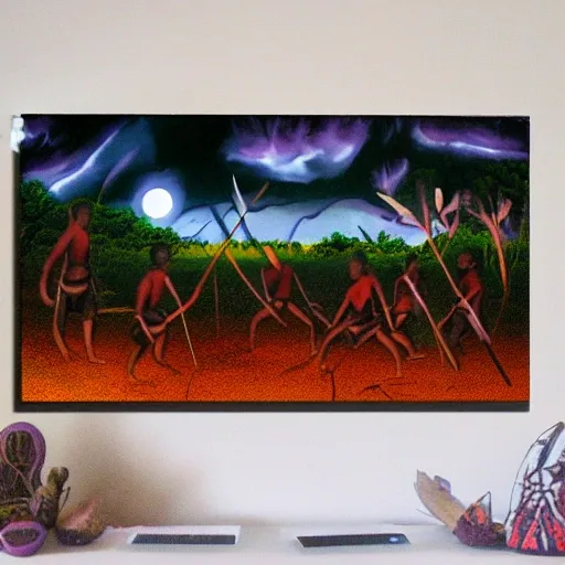 floodplain, Arnhem Land, storm, fantasy, Yolngu ancestral warriors fighting with sticks, fire, moonlight

, Trippy, 3D